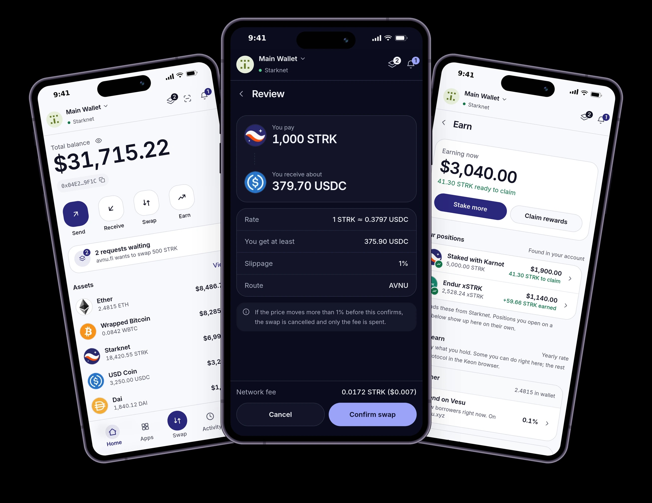 Three Keon screens fanned out: Home and Earn in light mode on the sides, the swap review in dark mode in the middle