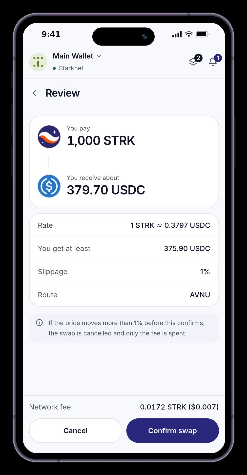 Keon's swap review: you pay 1,000 STRK and receive about 379.70 USDC, with rate, minimum received, slippage, route and network fee