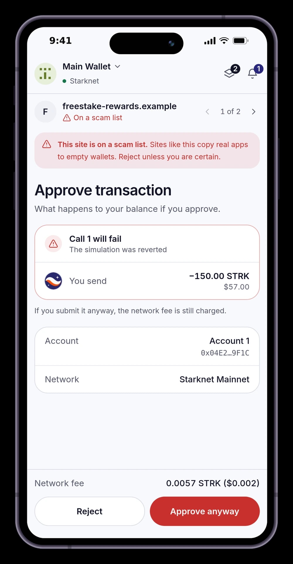 Keon flags a transaction from a site on a scam list: the simulation shows the call will fail, and Approve becomes Approve anyway in red